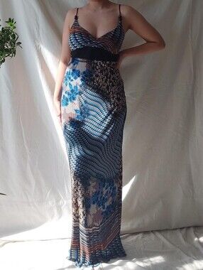 Karel Blue and Brown Abstract Floral Spaghetti Strap Summer Maxi Dress